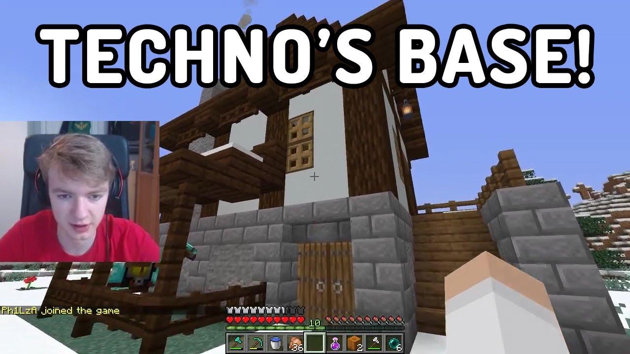 This is a thumbnail I have stolen from a clips channel. I don't know what channel, but it's simply a screenshot of Tommy's stream with text at the top reading Techno's Base! in all caps. Tommy stands in front of Techno's house, looking at his basement door.